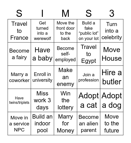 Sims Bingo Card