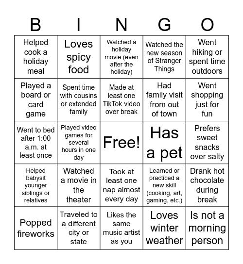 "Welcome Back From Winter Break" Bingo Card