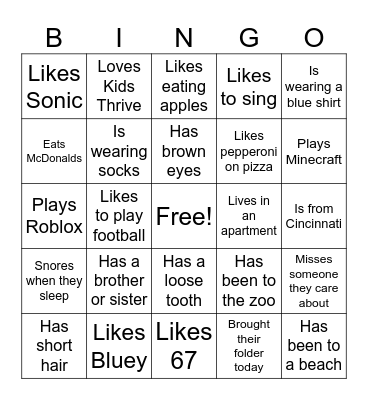 All About Me Bingo Card