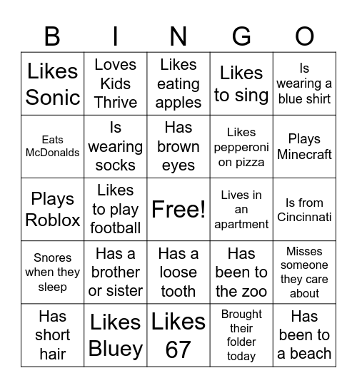 All About Me Bingo Card