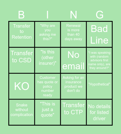 Customer Bingo Card