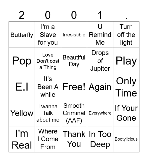 songs That turn 25 Bingo Card