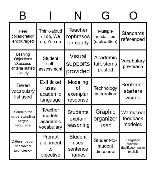 Language Development & Engagement Bingo Card