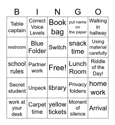 Routines and Procedures Bingo Card