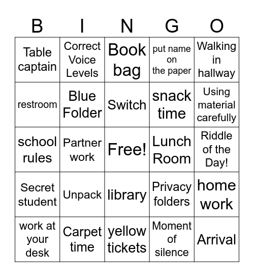 Routines and Procedures Bingo Card