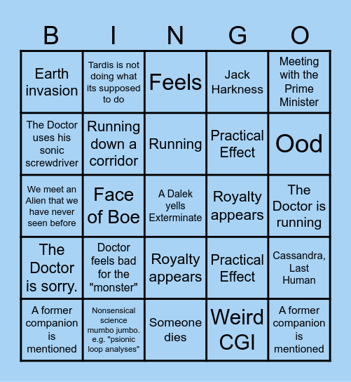 Doctor Who Bingo Card
