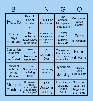 Doctor Who Bingo Card