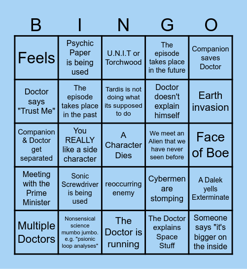 Doctor Who Bingo Card