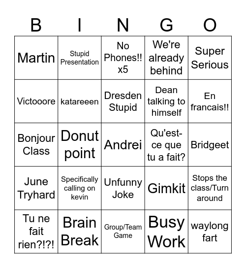 La classe de francais Bingo Card