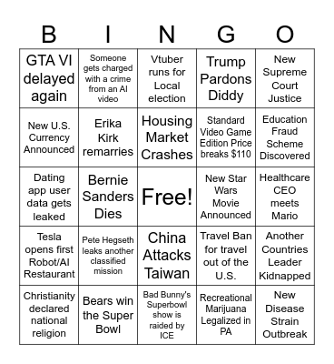2026 Predictions Bingo Card