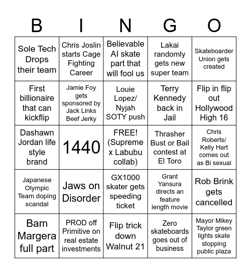 Skate Bingo Card