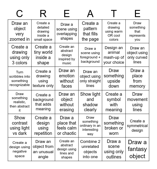 Art Challenges - Advanced Bingo Card