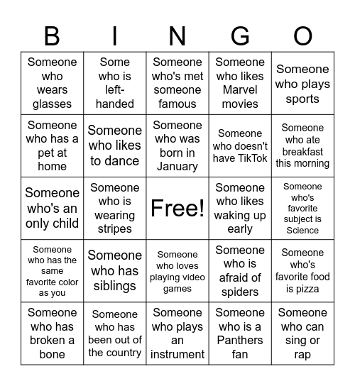 Getting To Know You Bingo Card