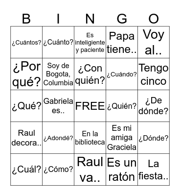 Question Words Bingo Card