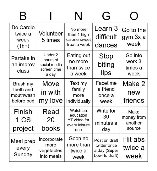 2026 Resolution Bingo Board Bingo Card