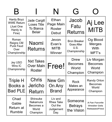 2026 WWE Bingo Card Bingo Card
