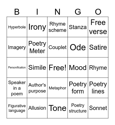 Poetry Bingo Card