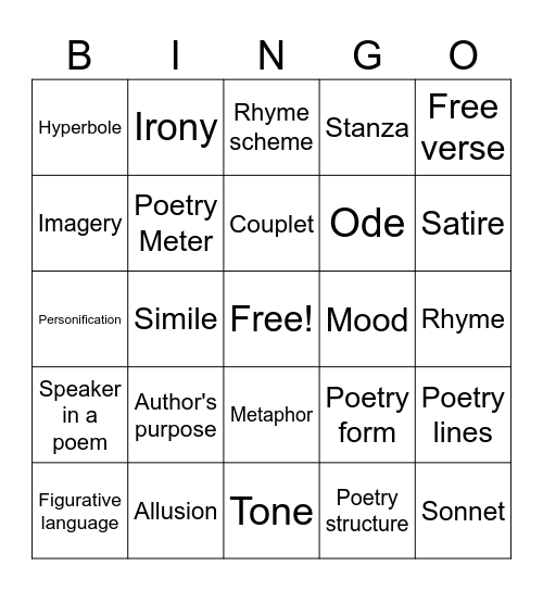 Poetry Bingo Card