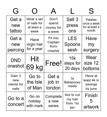 2026 goals Bingo Card