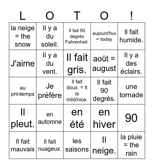 6 Le temps qu'il fait / the weather Bingo Card