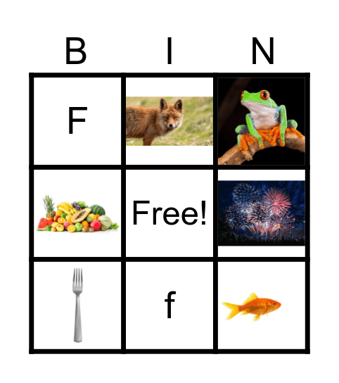 Letter F Bingo Card