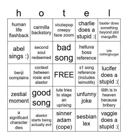 hazbin season 3 bingo Card