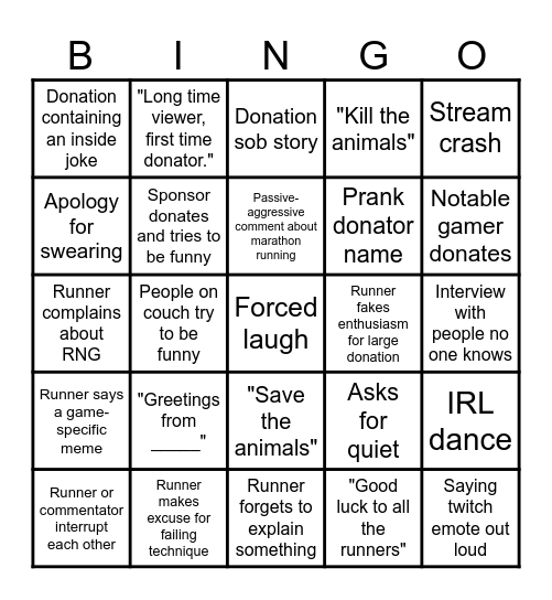 AGDQ Cringe Bingo Card