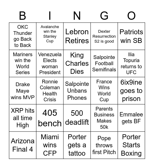 Porter 2026 Bingo Card