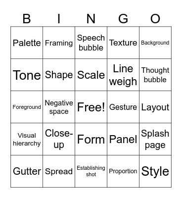 Art and Comic Terms Bingo Card