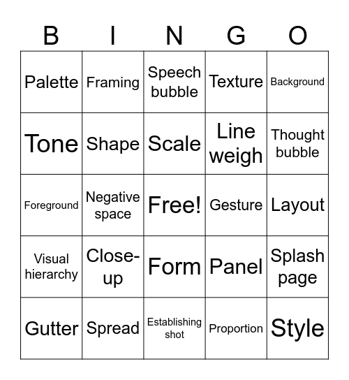 Art and Comic Terms Bingo Card