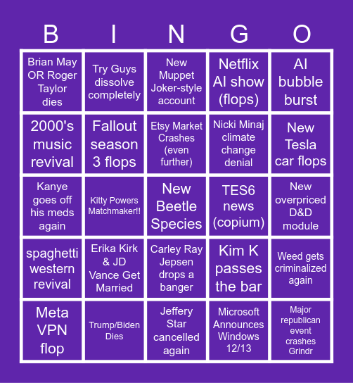 2026 Predictions Bingo Card