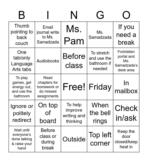 Classroom Expectations Bingo Card