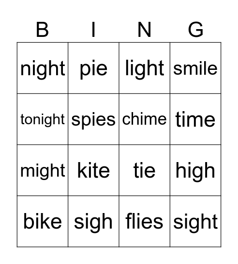 igh, ie, i-e Bingo Card