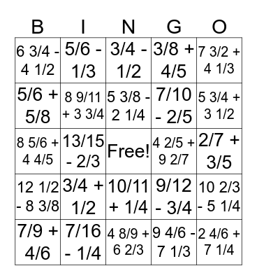 Fraction Bingo Card