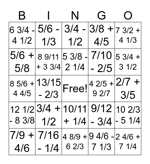 Fraction Bingo Card