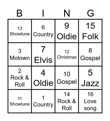 Musical Bingo Card