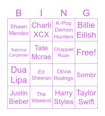 Pop Music Bingo Card