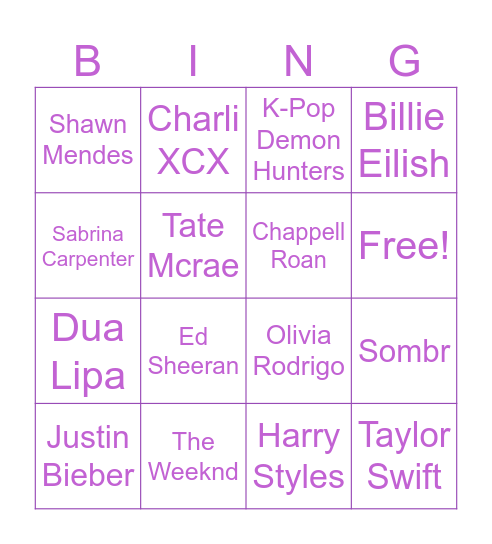 Pop Music Bingo Card