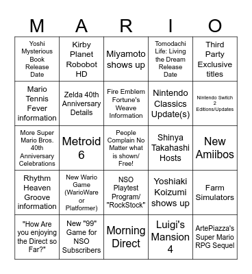 Nintendo Direct February (?) 2026 Bingo Card