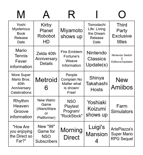 Nintendo Direct February (?) 2026 Bingo Card