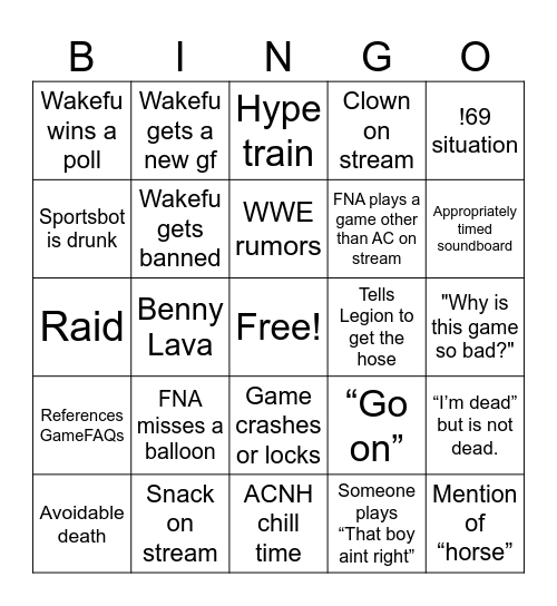 Cochese Stream Bingo Card