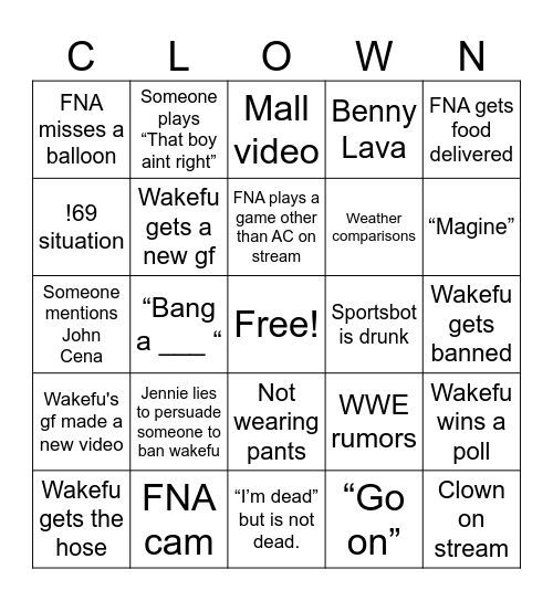FNA Stream Bingo Card