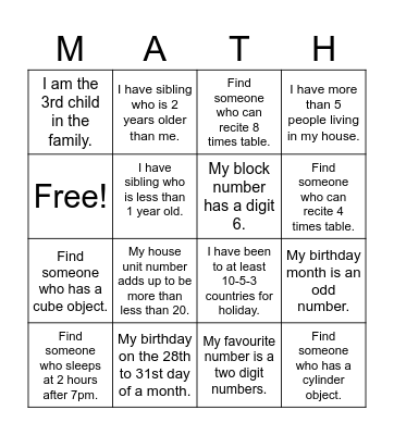 Math Bingo! Bingo Card