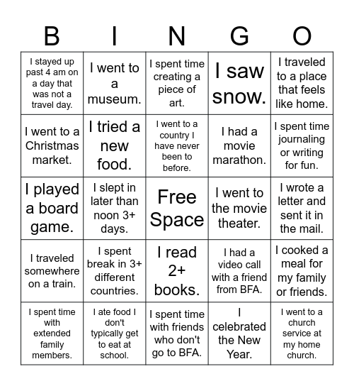 Christmas Break Bingo Card