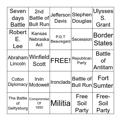 Civil War Vocabulary Bingo Card