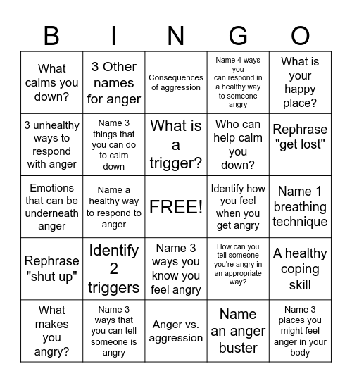 Anger Management Bingo Card