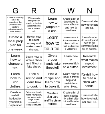 Life Skills Bingo Card