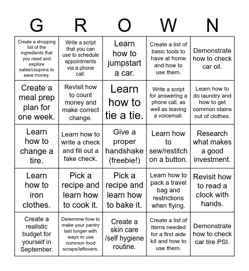 Life Skills Bingo Card
