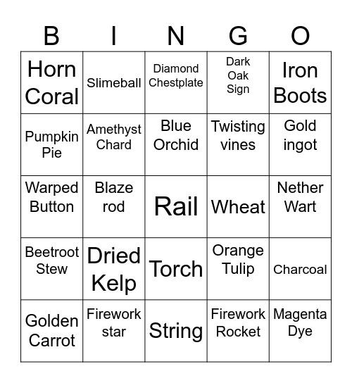 Minecraft Item Bingo Card