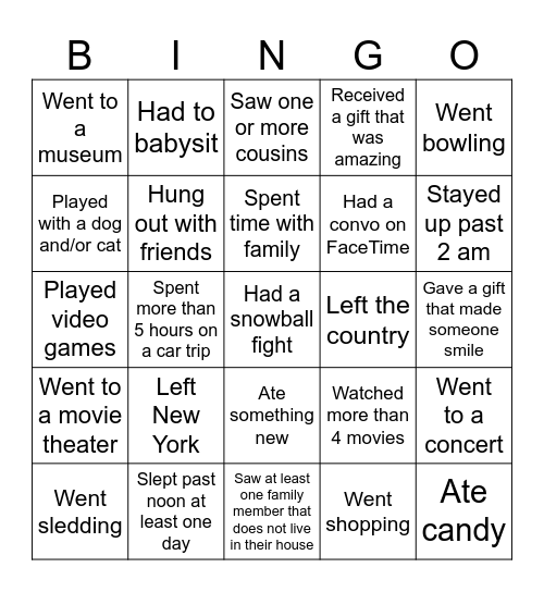 Over winter break...Find someone who.... Bingo Card